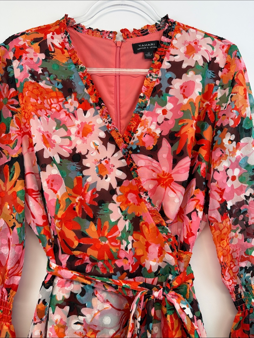 Tahari Arthur S. Levine Pink Multi Floral Faux Wrap Midi Dress Size 12 - Picture 5 of 10